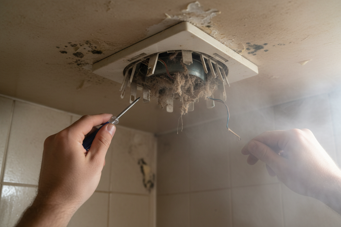 Problem photo – Is your bathroom exhaust fan unresponsive or making loud, unusual noises, failing to clear steam and odors? Learn to troubleshoot common fan issues and restore essential ventilation to prevent moisture problems like mold and peeling paint.