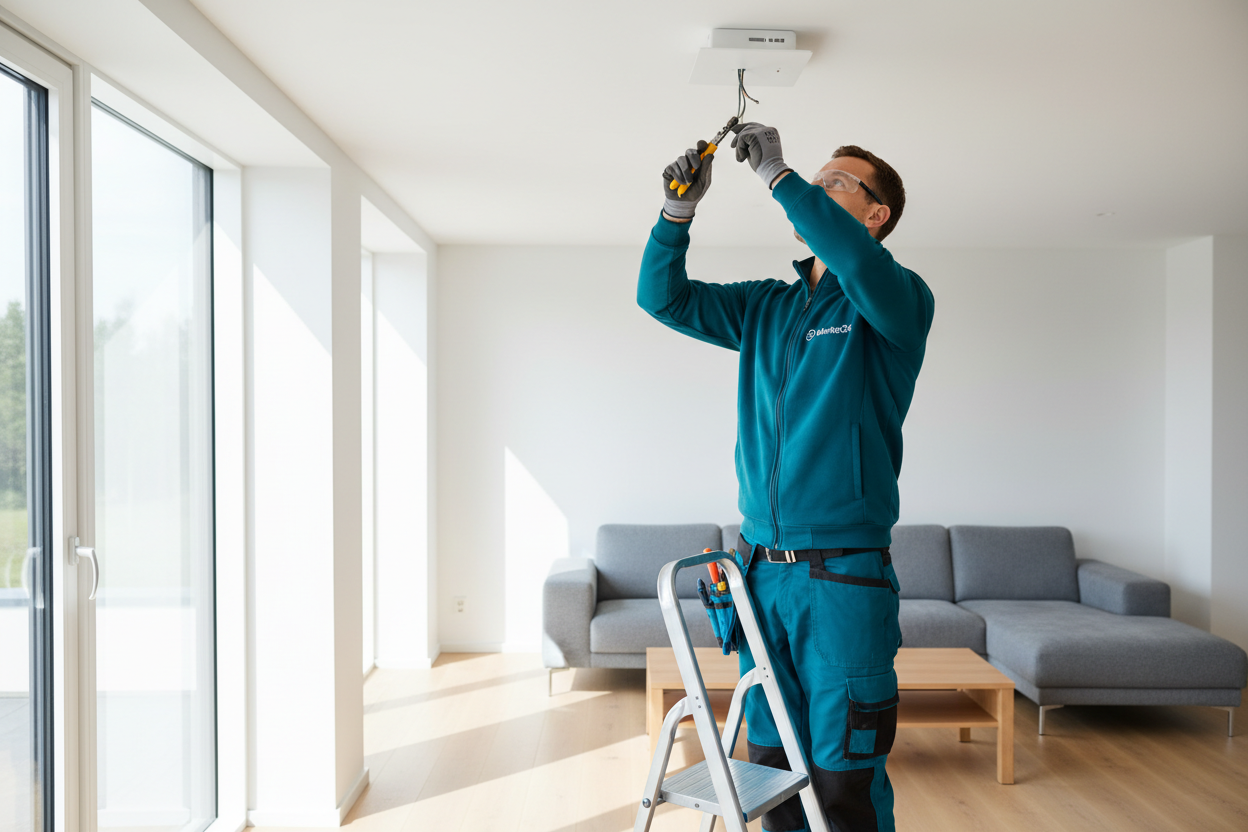 image of a professional electrician installing a standard ceiling light in a bright modern living room. The electrician is wearing construction-style workwear in teal color