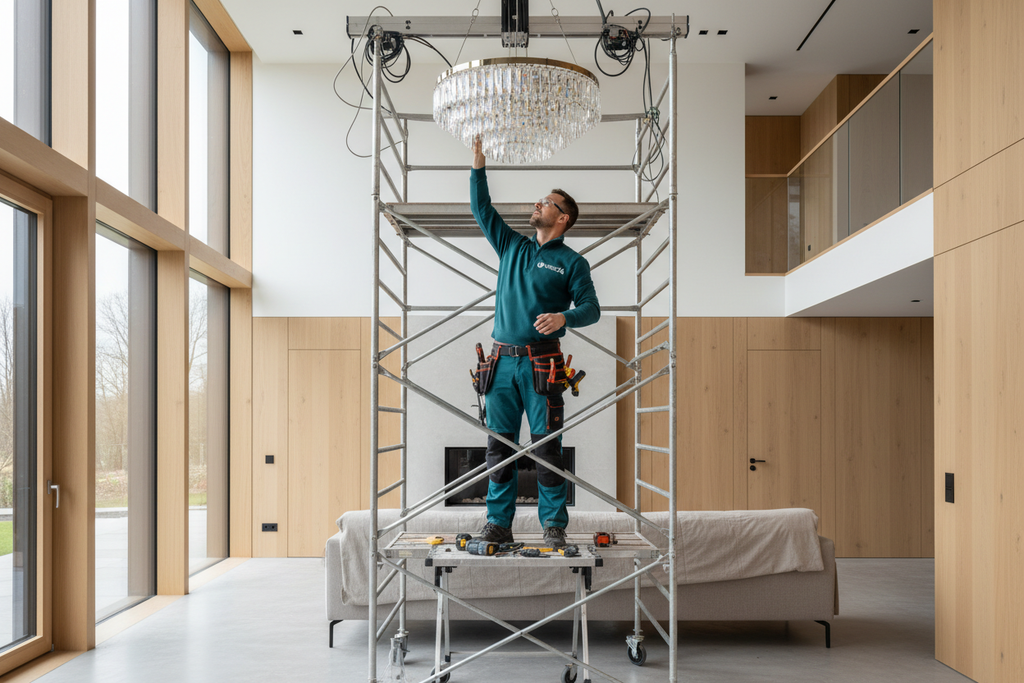 image of a professional electrician preparing to install a large chandelier in a bright, modern interior.